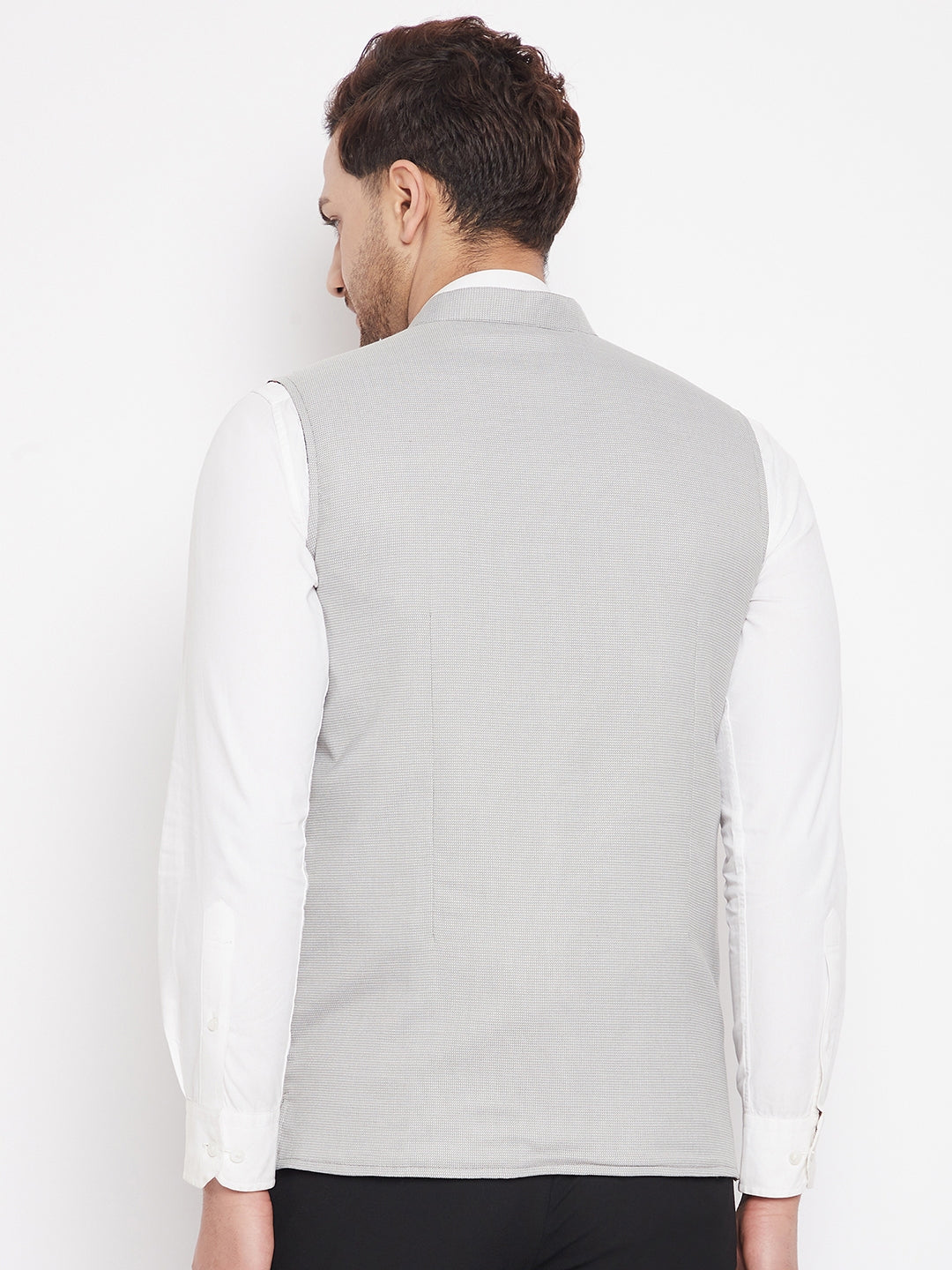 Men's Grey Color Nehru Jacket-Contrast Lining-Free Pocket Square - Even Apparels