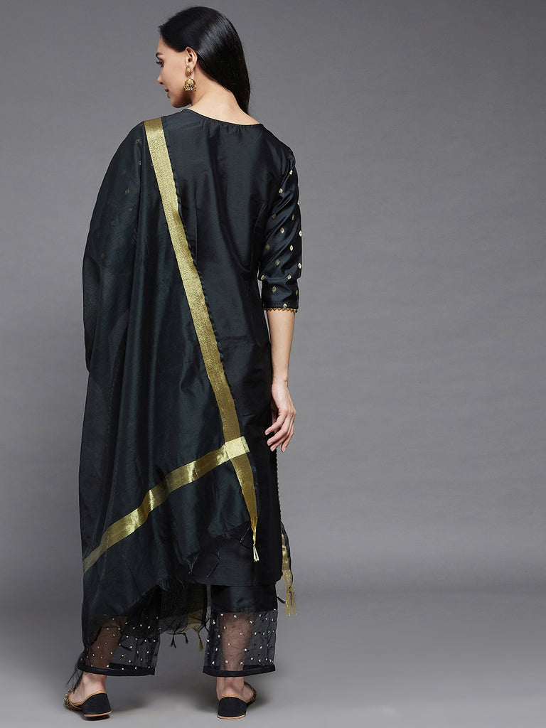 Women's Black Solid Side Slit Straight Kurta Palazzo And Dupatta Set