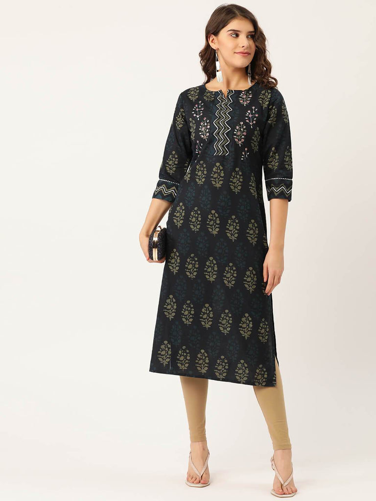 Women's Cotton Printed with Adda mirror work & Gotta detailing Kurta