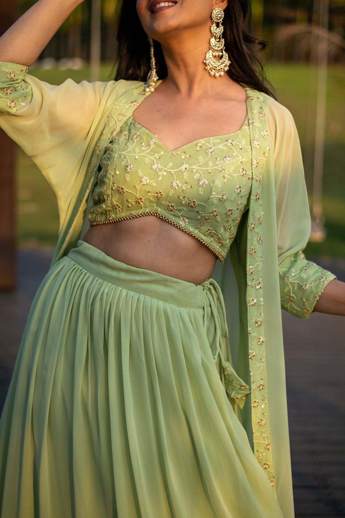 Women's Pastel Olive Lehenga With Jacket