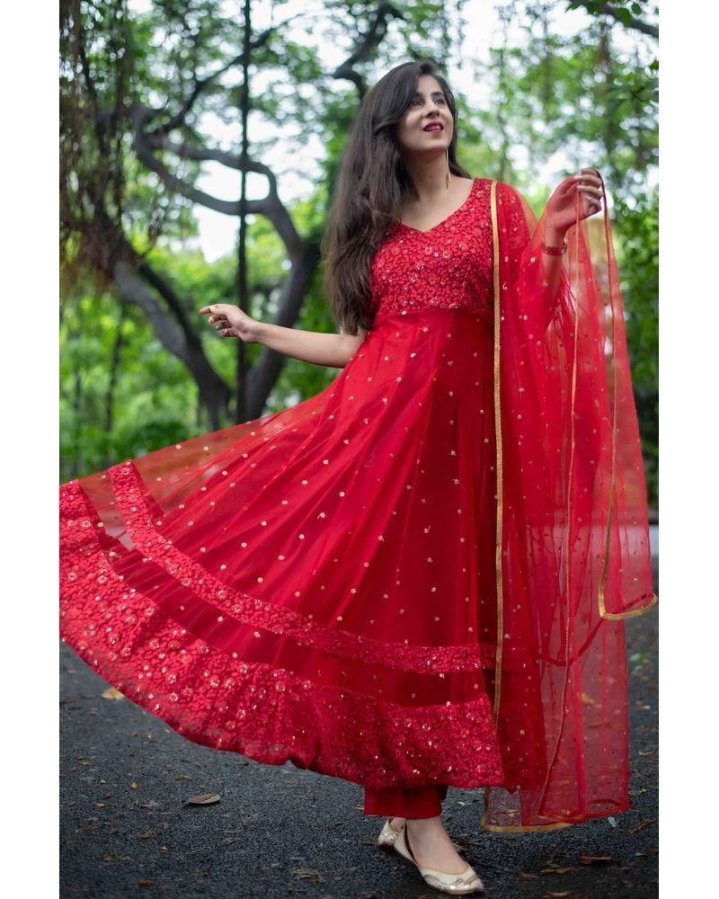 Women's Red Thread Work Anarkali Set (3pcs set) - Label Shaurya Sanadhya
