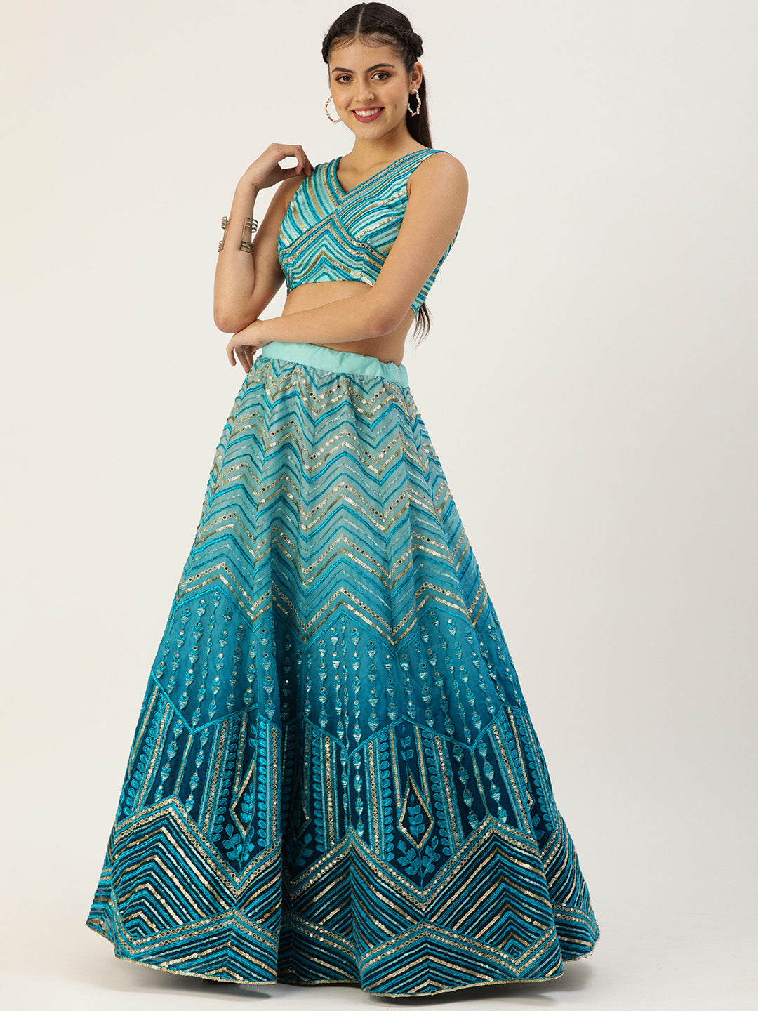 Women's Teal Shading Net Sequince Embroidered Lehenga & Blouse With Dupatta - Royal Dwells