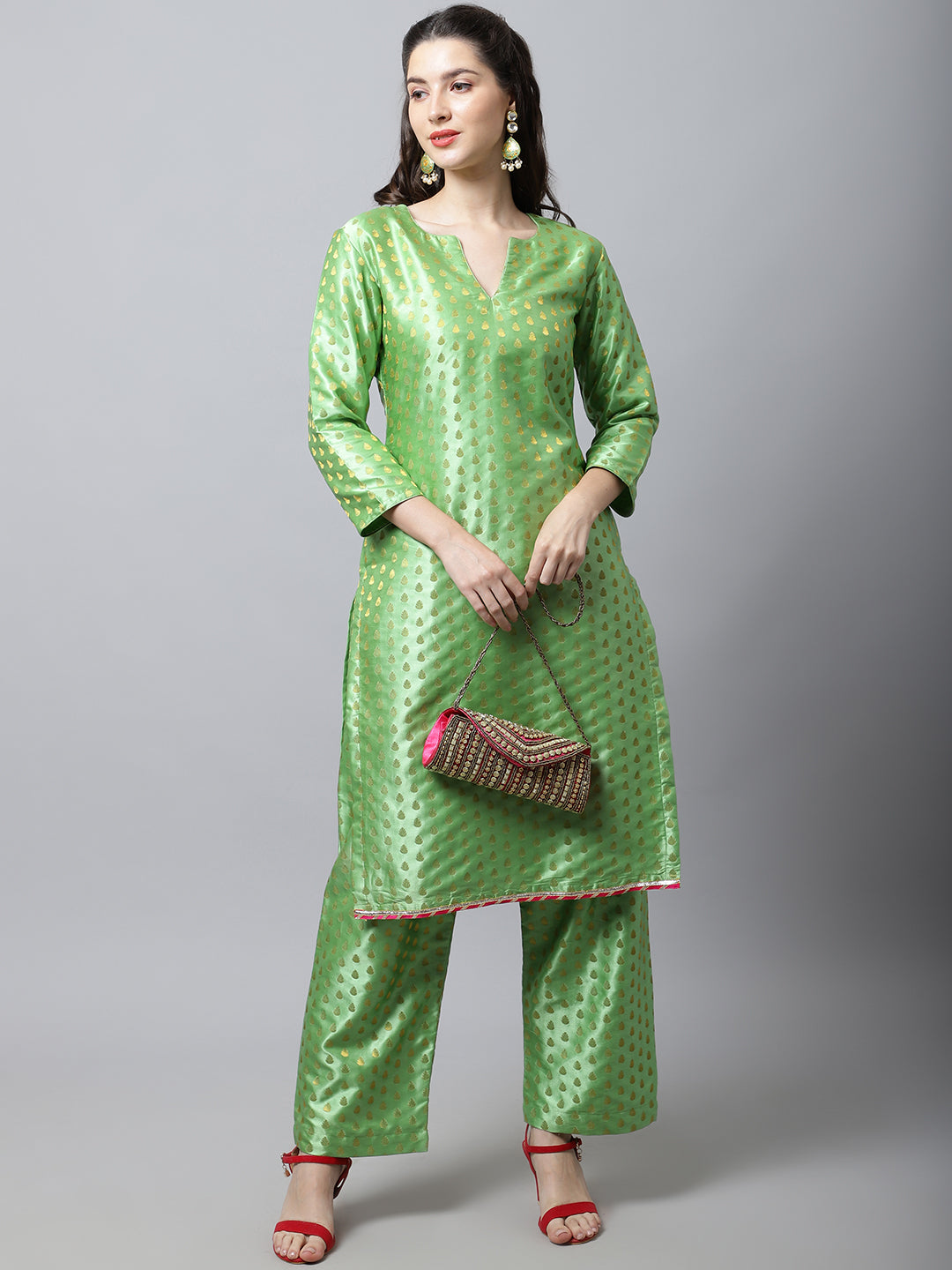 Women's Sahiba Green Brocade Straight Kurti With Straight Palazzo - Anokherang