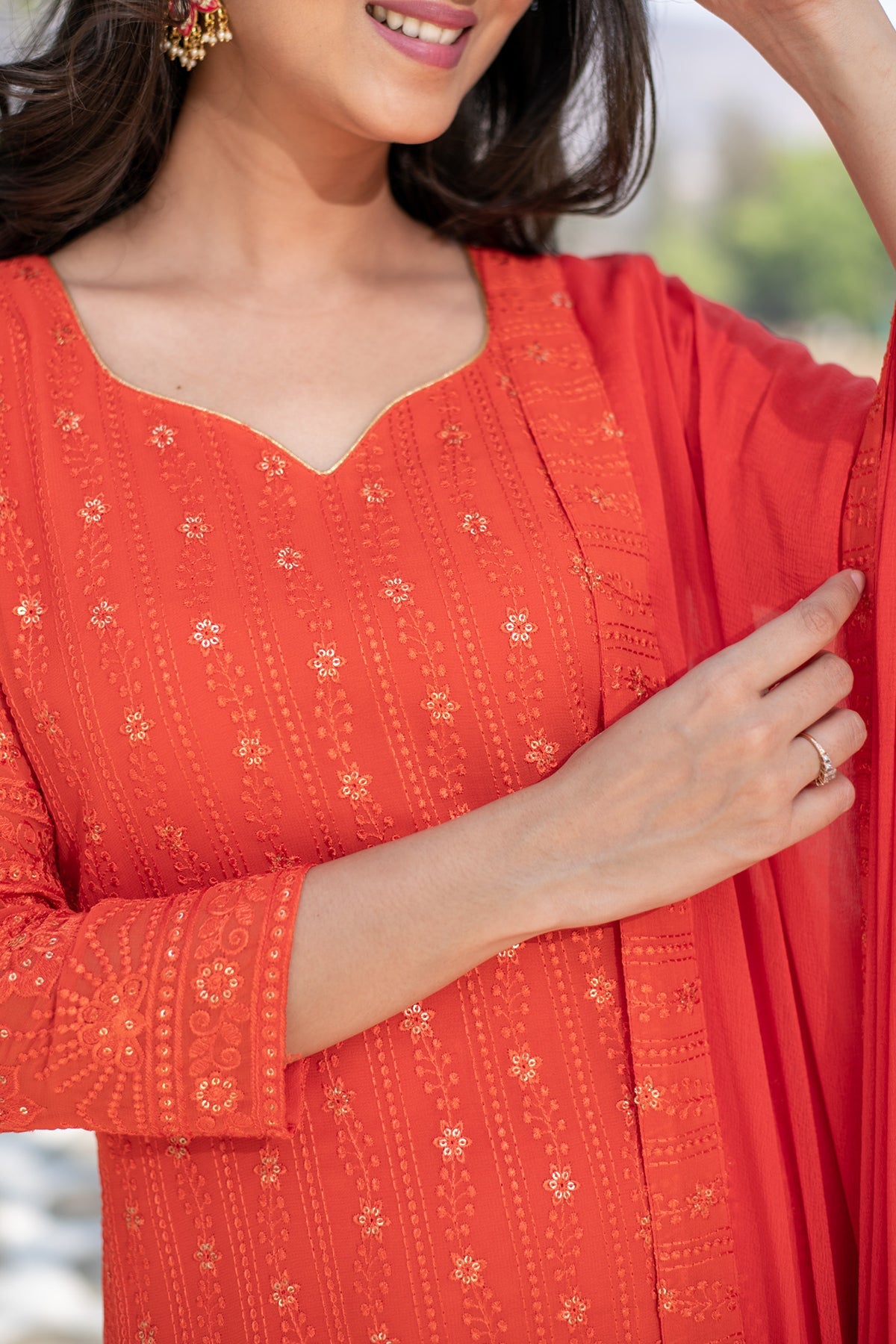 Women's Burnt Orange Heavy Thread Work Long Kurta Set - Label Shaurya Sanadhya