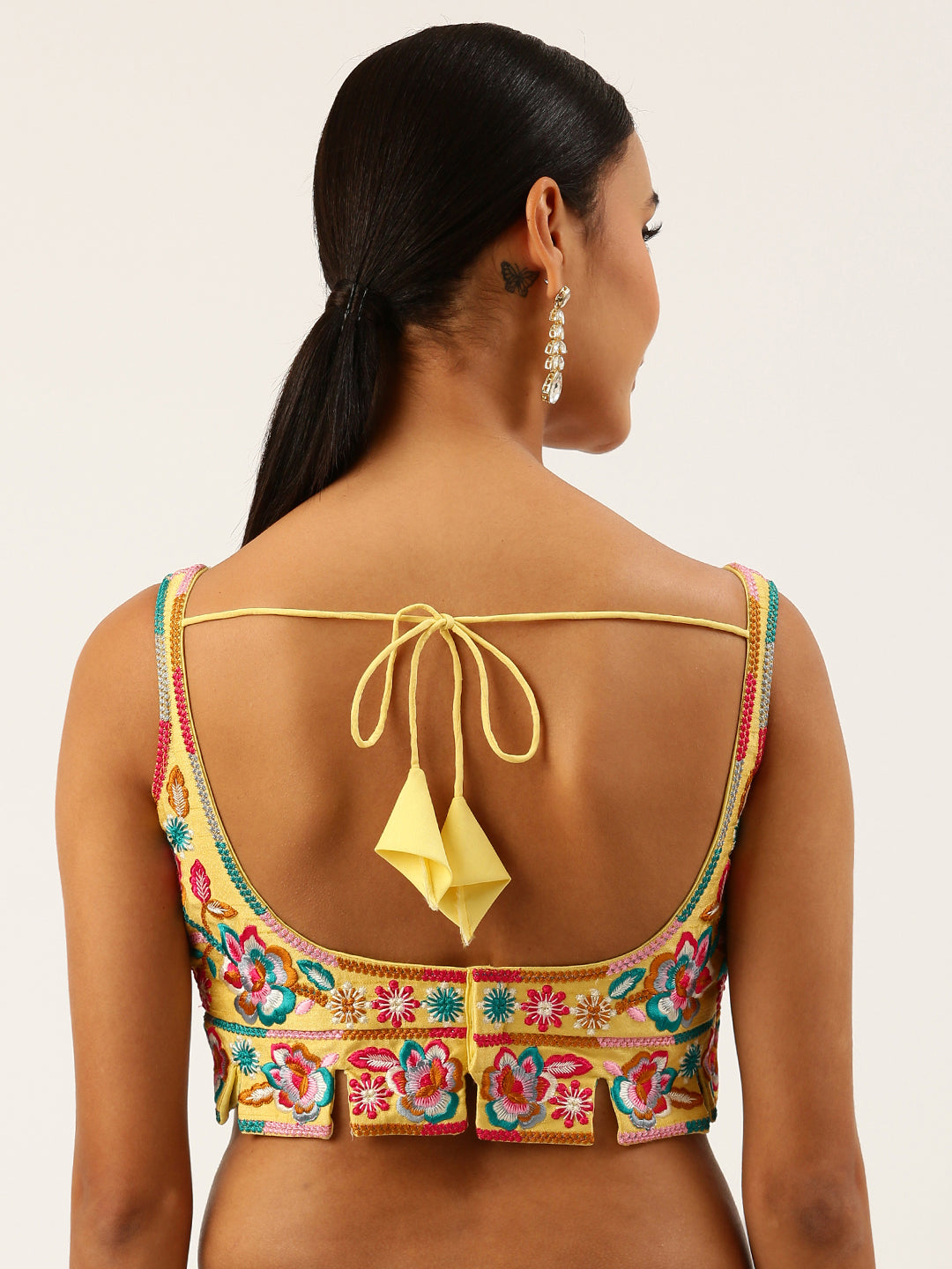 Women's Lemon Yellow Pink Toned Thread Work Pure Art Silk Readymade Blouse - Royal Dwells