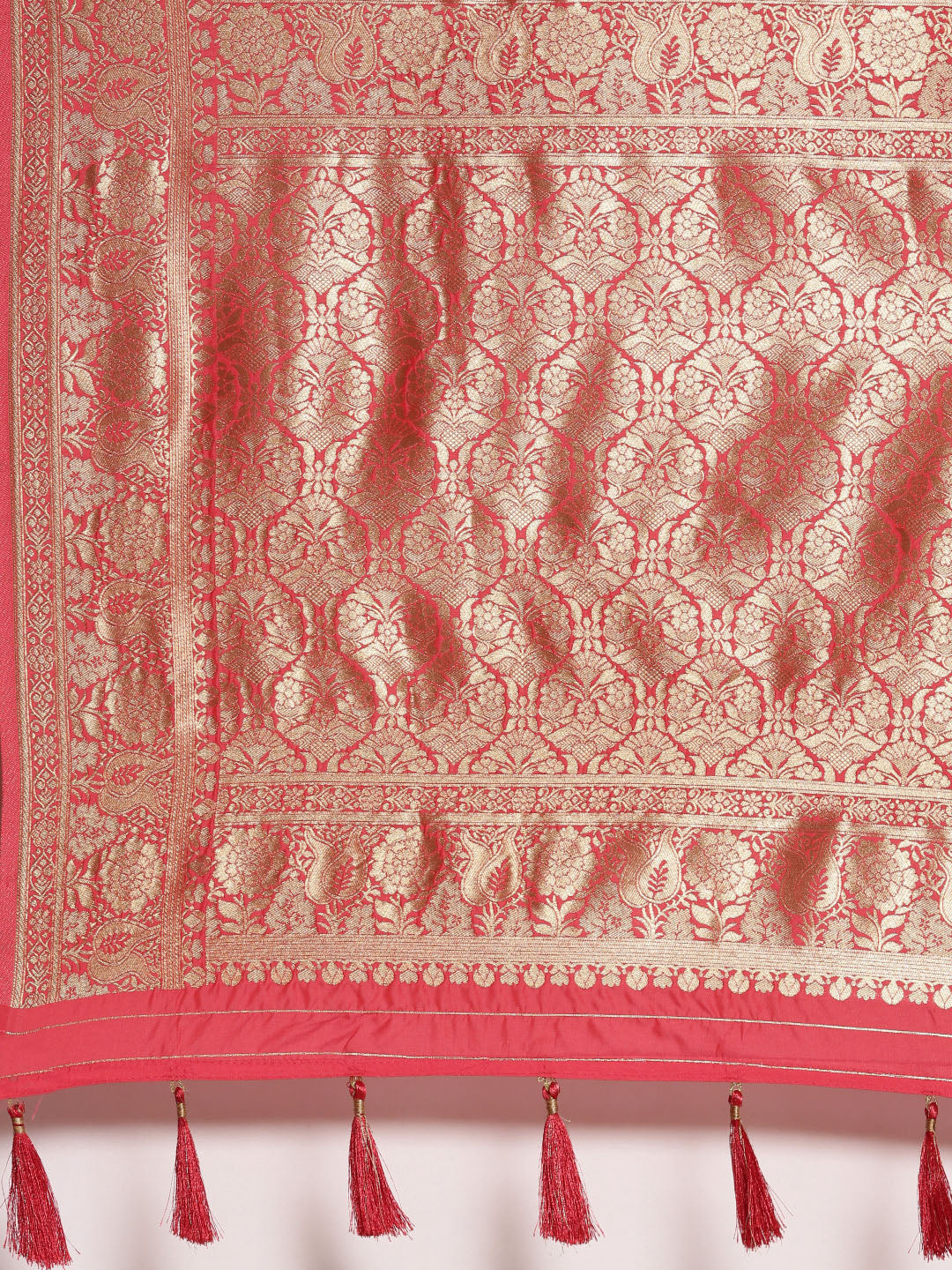 Women's Red & Golden Satin Paisley Zari Woven Banarasi Saree - Royal Dwells