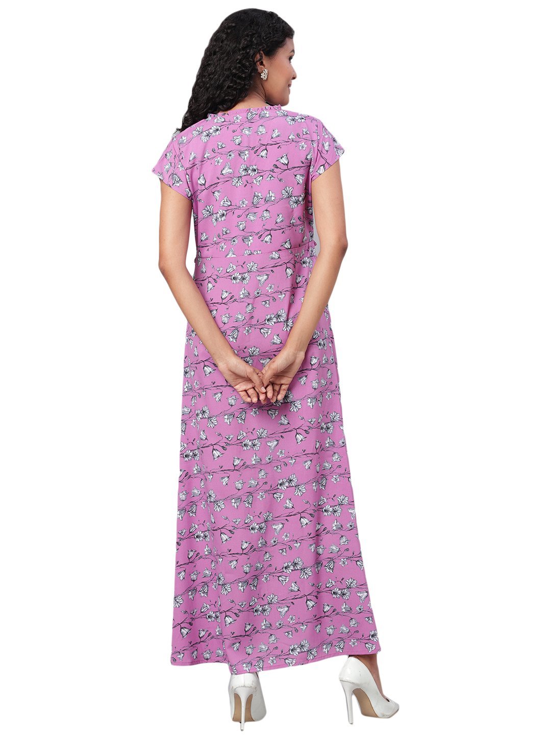 Women's Purple Printed Short Sleeve Polyester V Neck Casual Dress - Myshka