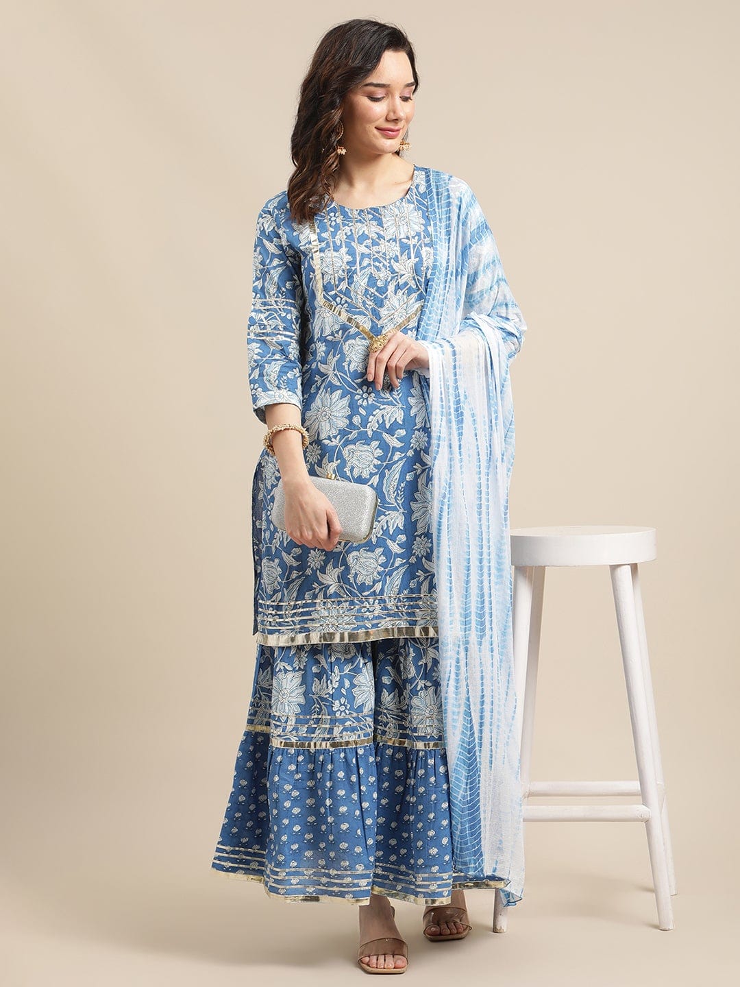Women's Blue And White Floral Gota Embellished Printed Kurta Sharara Set With Tie N Dye Dupatta - Varanga