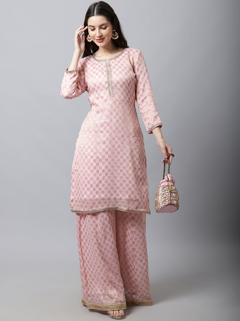 Women's Baby Pink Straight Banarasi Kurti With Flared Palazzo