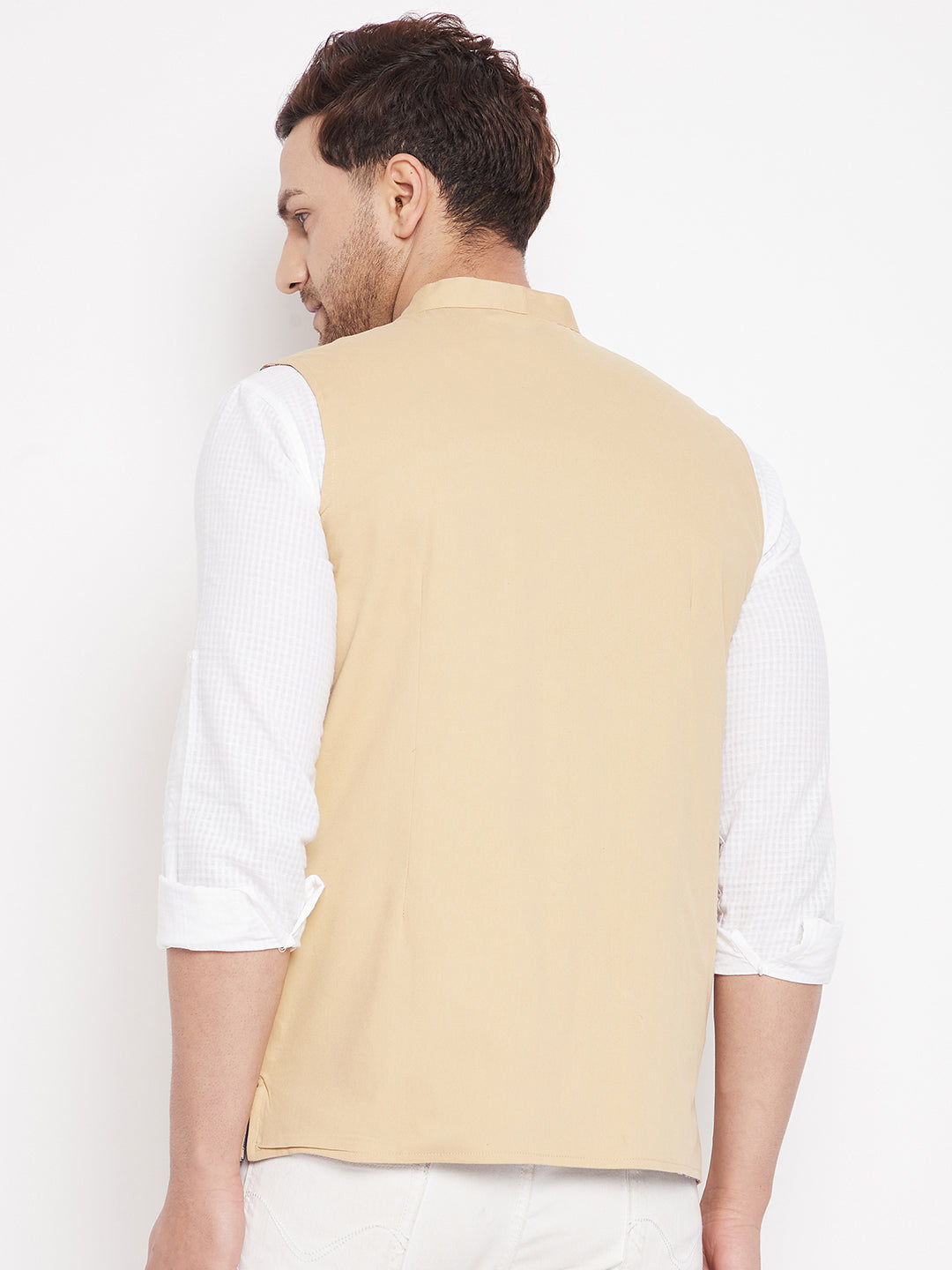 Men's Beige Color Nehru Jacket-Contrast Lining-Inbuilt Pocket Square - Even Apparels