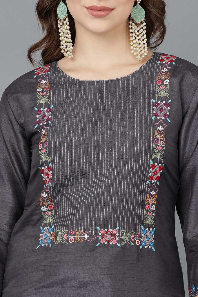 Women's Poly Silk Embroidered Kurta Pants With With Dupatta