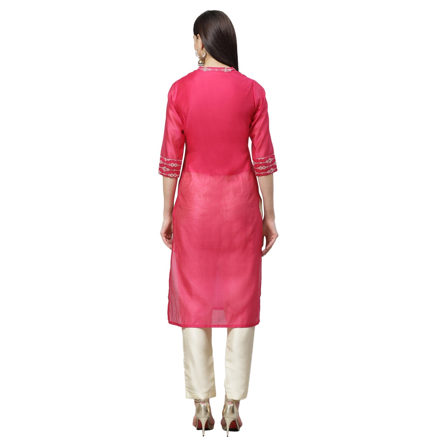 Women's Pink Chanderi Printed 3/4 Sleeve Collar Casual Kurta Pant Set - Myshka