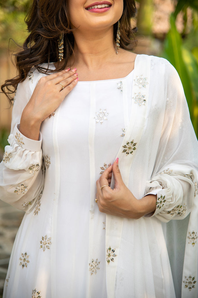 Women's White Sequin Alternate Kali Anarkali Set