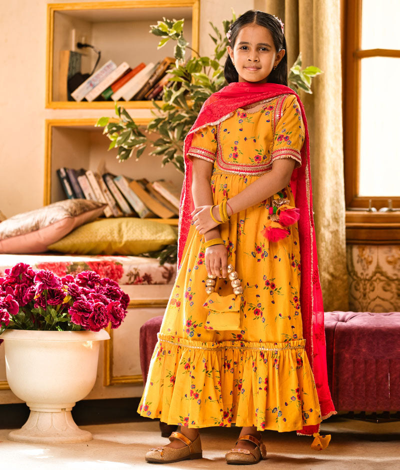Girl's Yellow Print Anarkali And Chiffon Dupatta - Fayon Kids