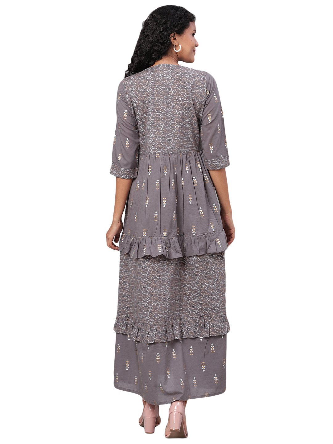 Women's Grey Printed 3/4 Sleeve Cotton Round Neck Dress - Myshka