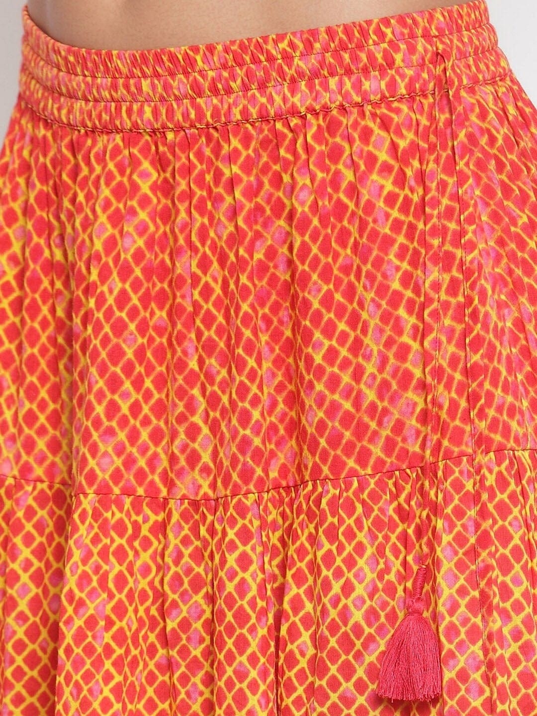 Women's KSUT Orange & Beige Printed Pure Cotton Flared Tiered Maxi Skirt - Varanga