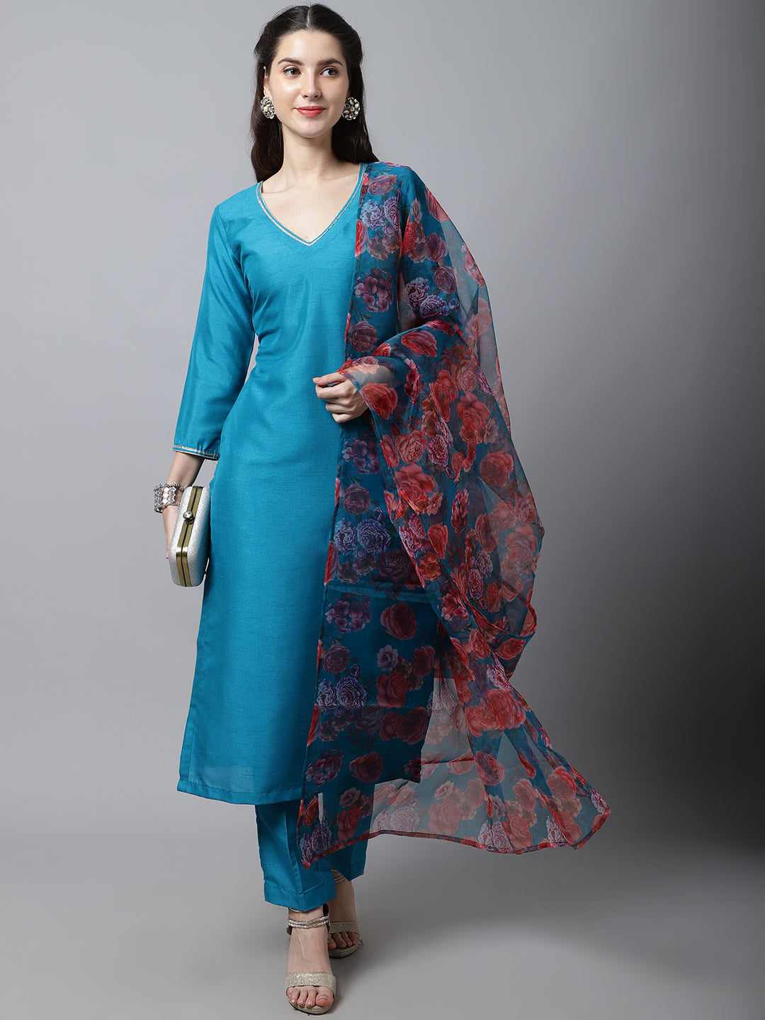 Women's Celeste Blue Silk Kurti With Pants And Printed Dupatta