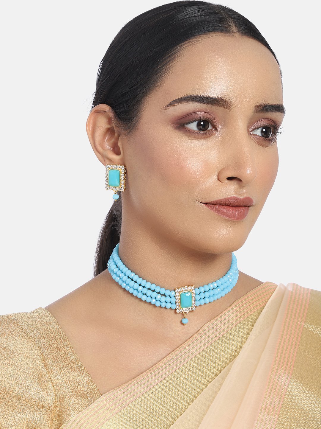 Women's  Gold Plated Traditional Handcrafted Turquoise Crystal Stone Beaded Choker Necklace Jewellery Set With Earrings - i jewels