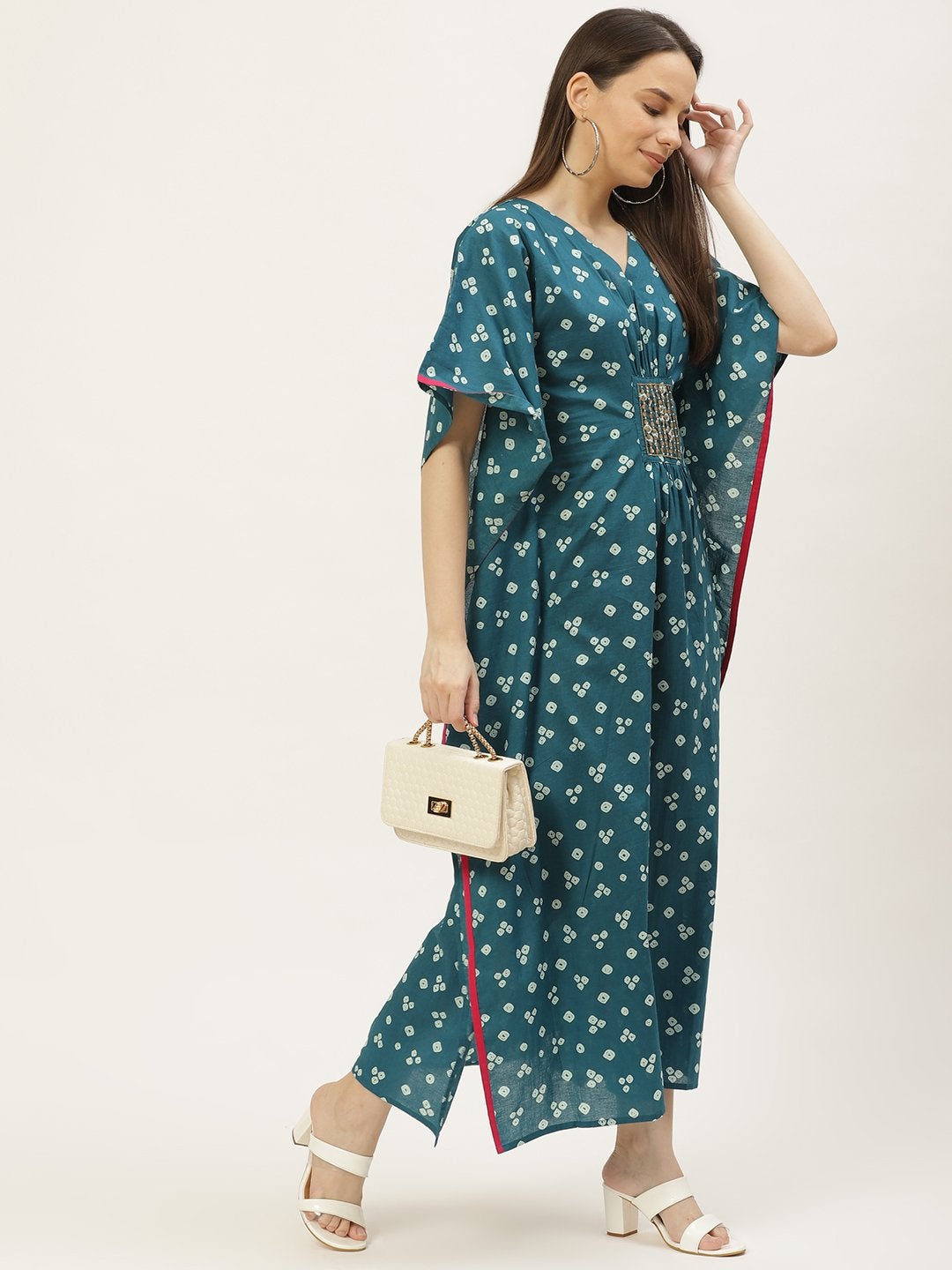Women's Blue Printed & Embroided Kaftan Dress (1pc) - Maaesa