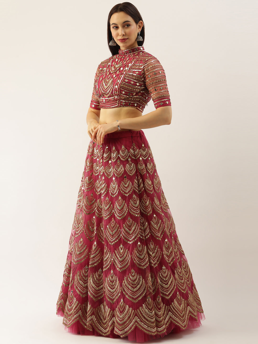 Women's Rosegold Net Embroidered Mirror Lehenga & Blouse With Dupatta - Royal Dwells