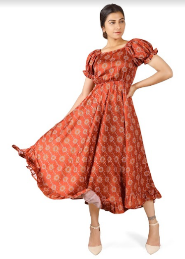 Women's Dusty Ornage Bandhni Digital Printed Puff Sleeves Long Flarry Tunic Dress - MESMORA FASHIONS