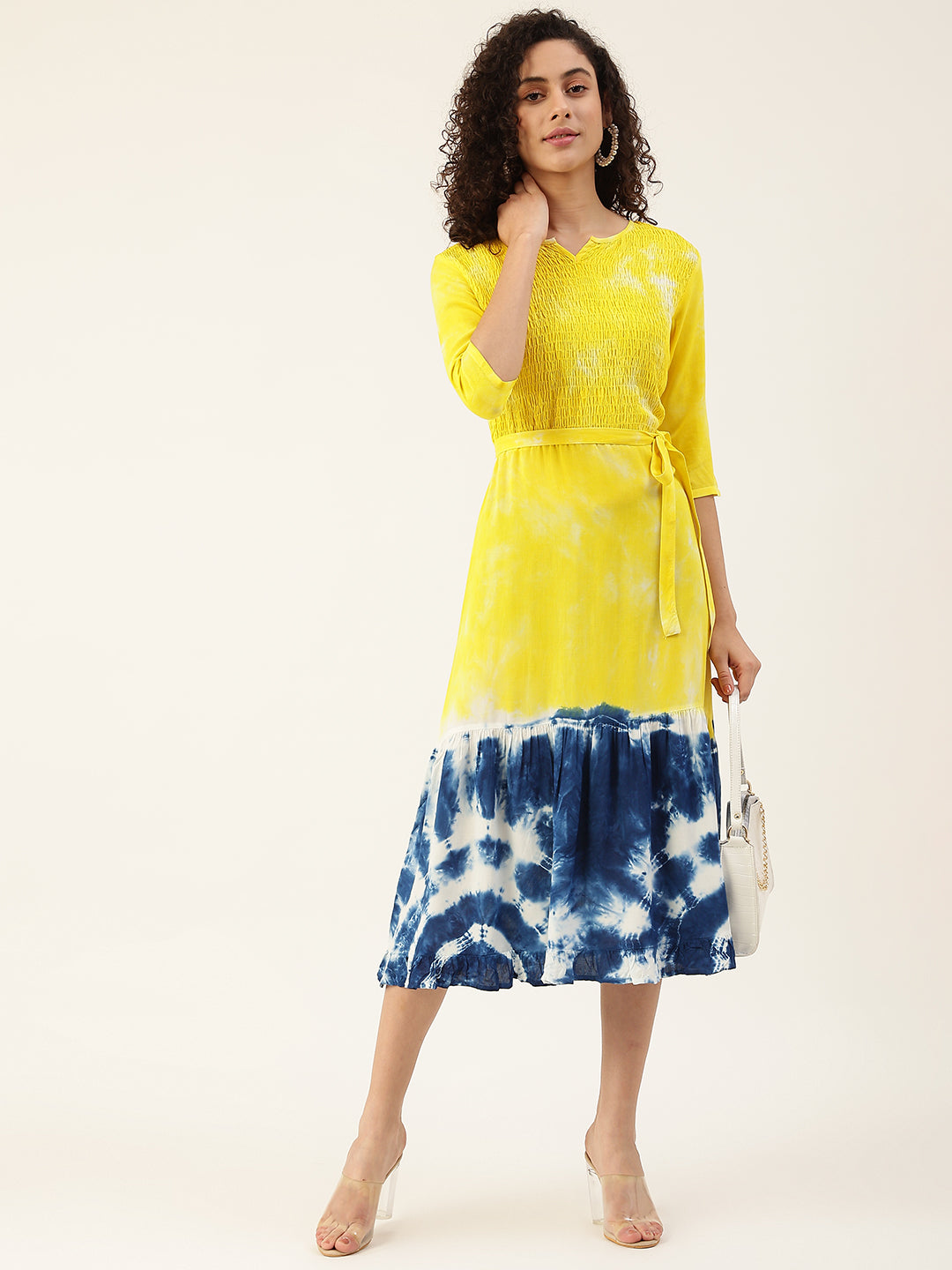 blue and yellow tie dye dress Yellow & Navy Blue Tie Dye A-Line Midi Dress With Tie-Up Belt (W1242)