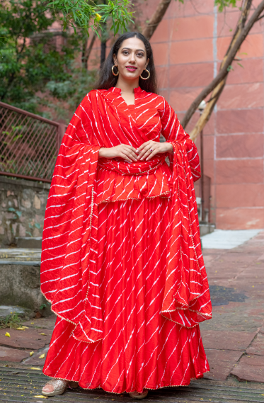 Women's Red  Upada Silk Lehenga With Bijiya And White Tassels Set - Saras The Label