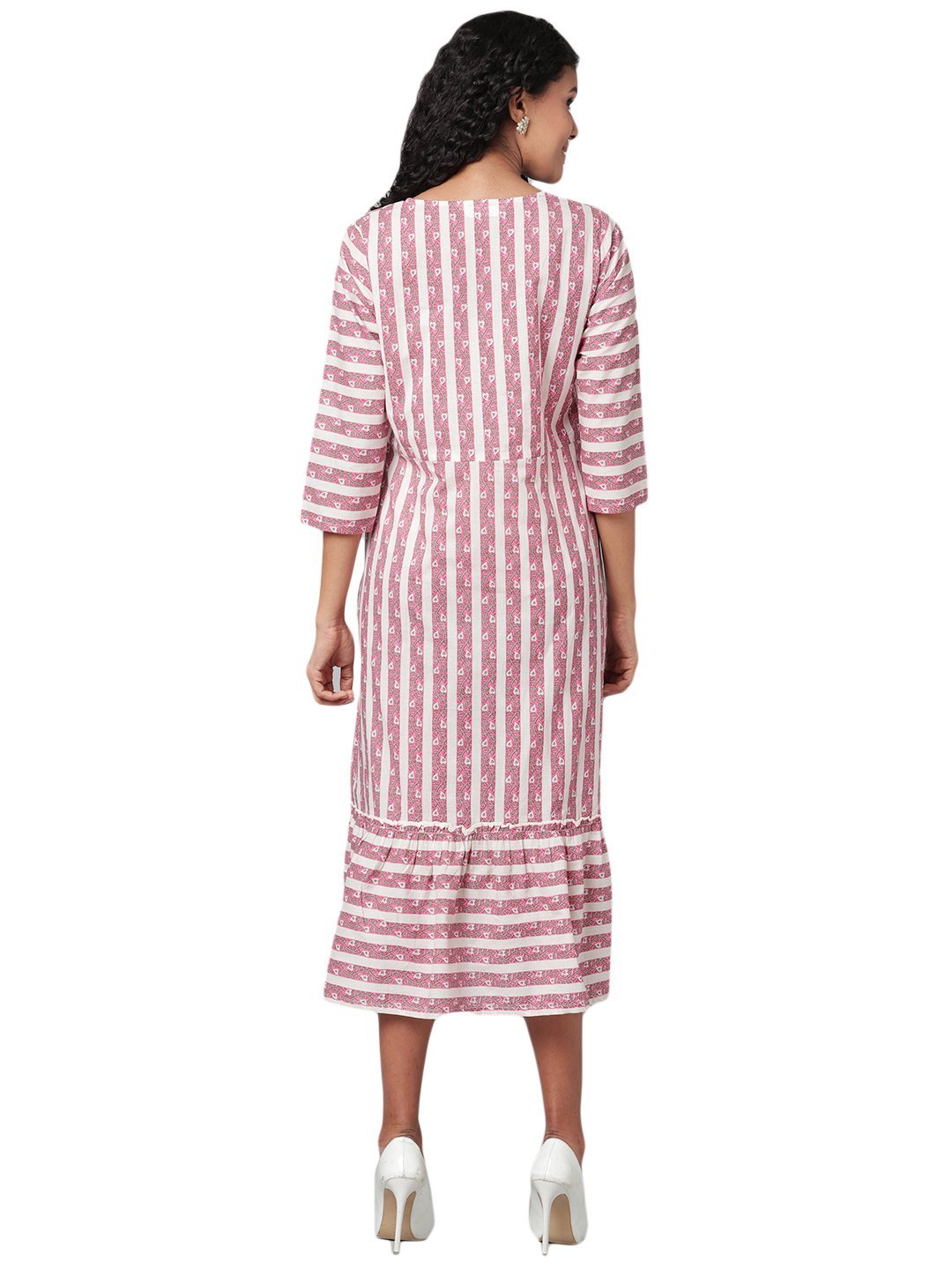 Women's Multi Printed 3/4 Sleeve Cotton Round Neck Casual Dress - Myshka