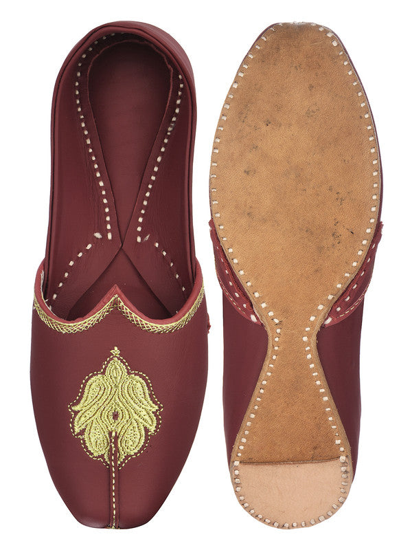 Men's Indian Ethnic Handrafted Embroidered Maroon Premium Leather Footwear - Desi Colour