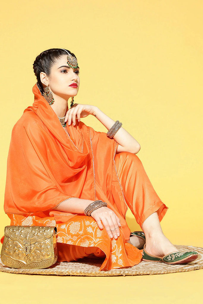 Women's Orange Floral Woven Design Cotton Kurta With Pants With Dupatta
