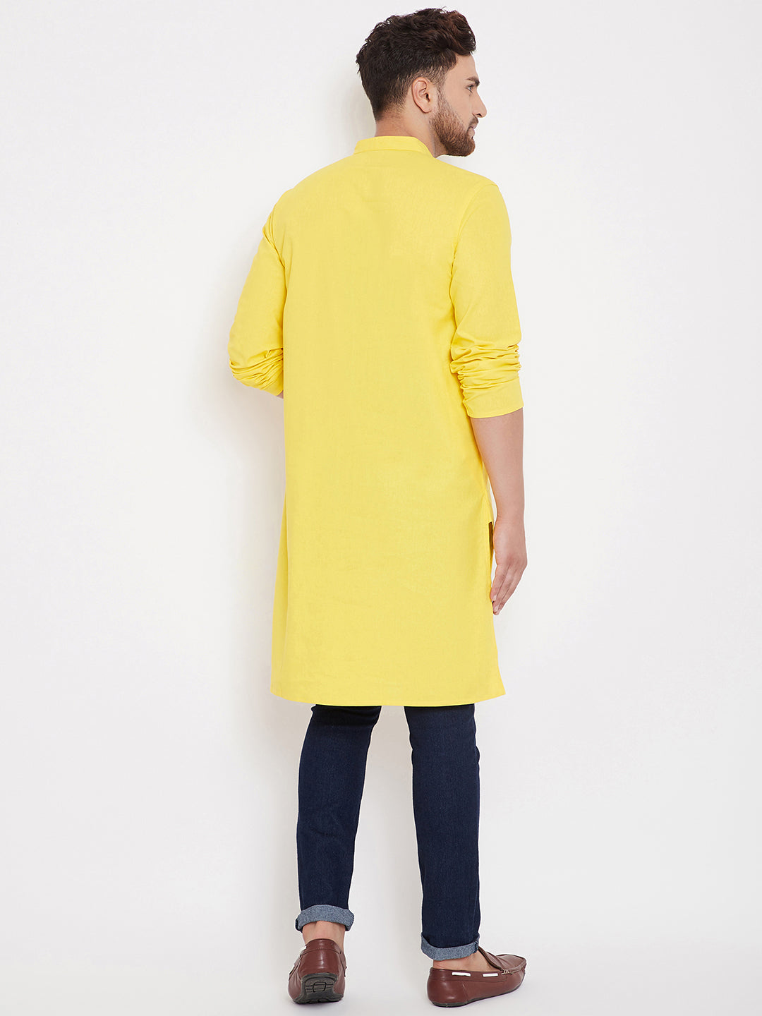 Men's Cotton Solid Yellow Kurta