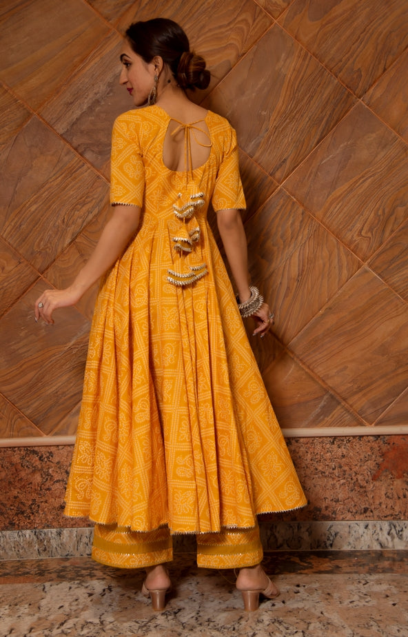 Women's Bandhej Yellow Cotton Anarkali Set - Pomcha Jaipur