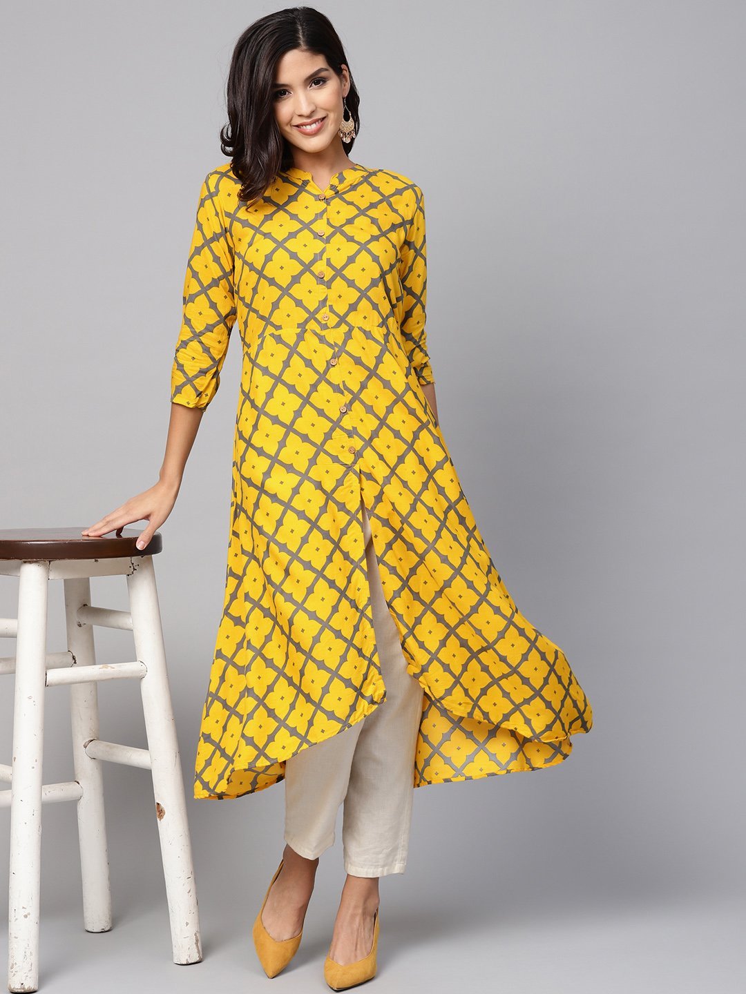 Women's Yellow Cotton Printed 3/4 Sleeve Coller Neck Dress - Myshka