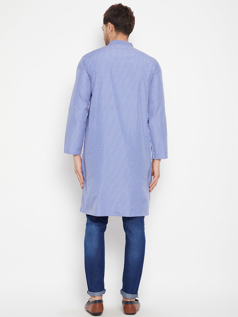 Men's Blue Color Long Kurta with Band Collar