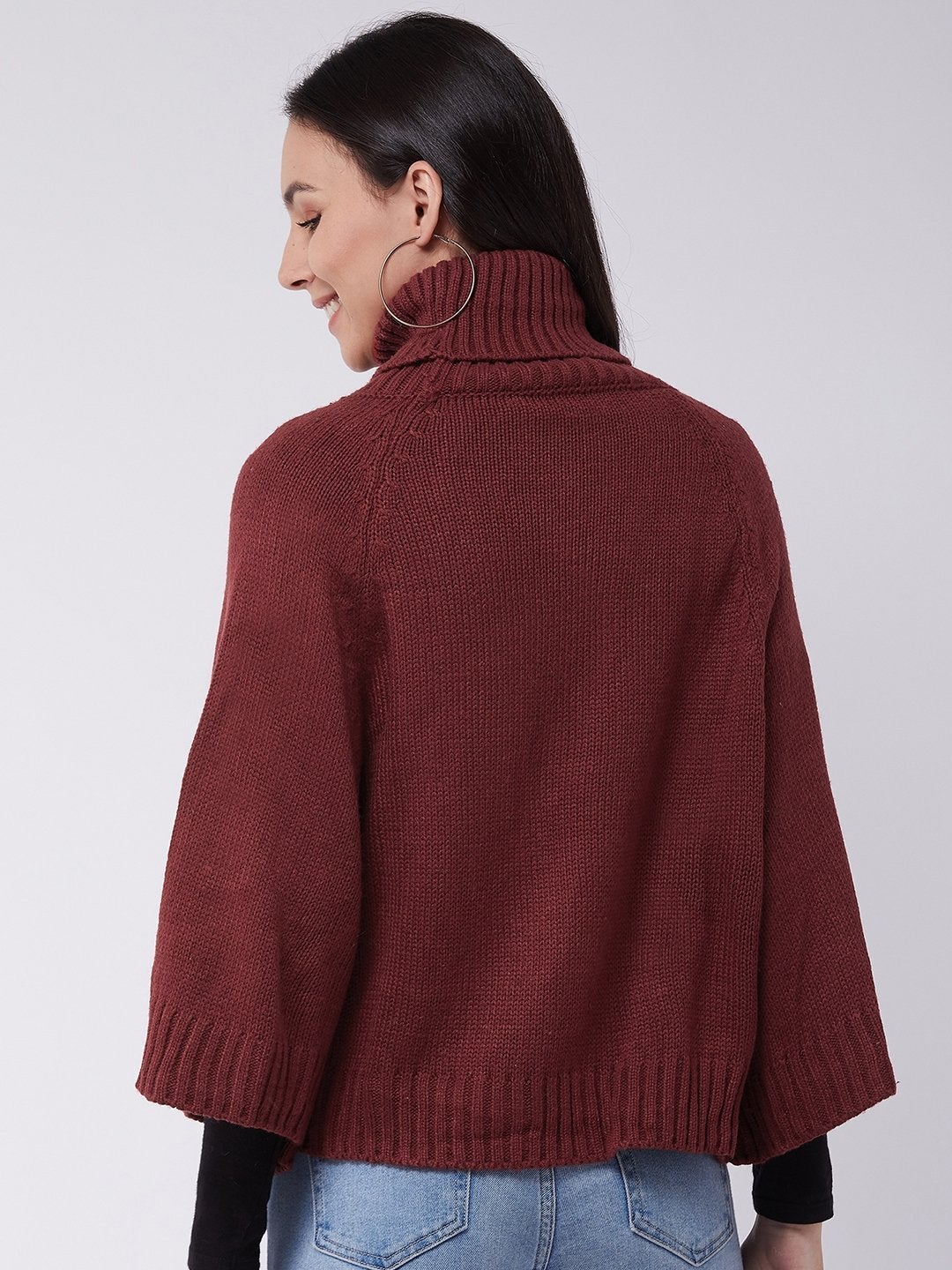 Women's Maroon Sweater Poncho - InWeave