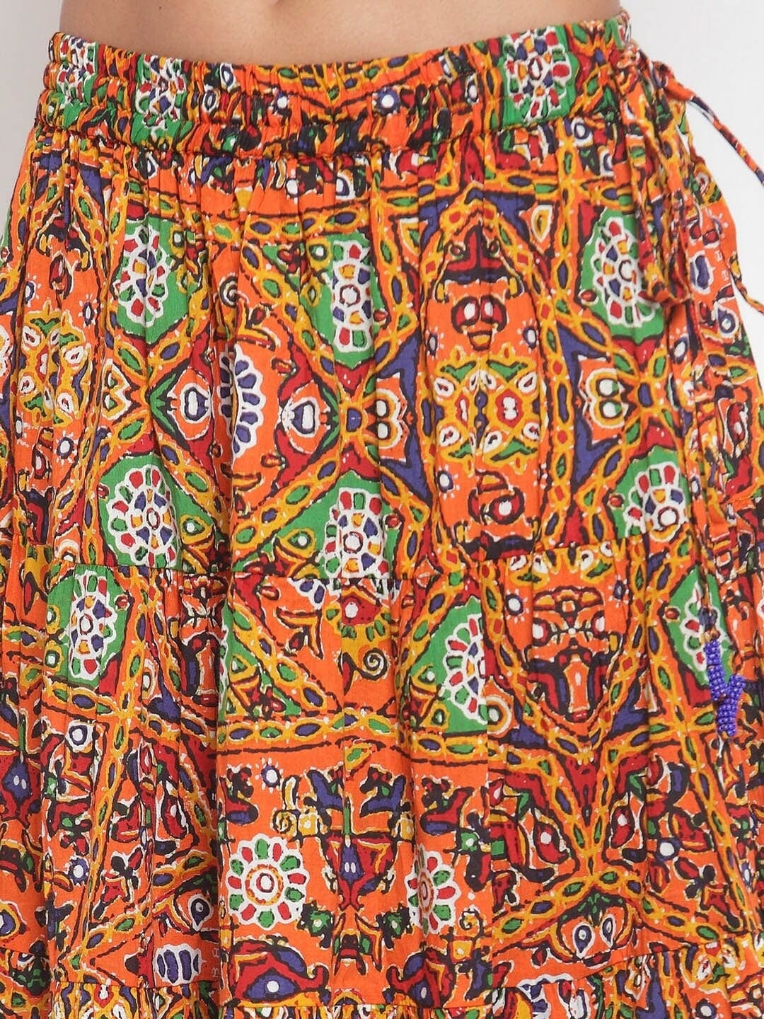 Women's KSUT Orange & Green Printed Maxi Flared Skirt - Varanga
