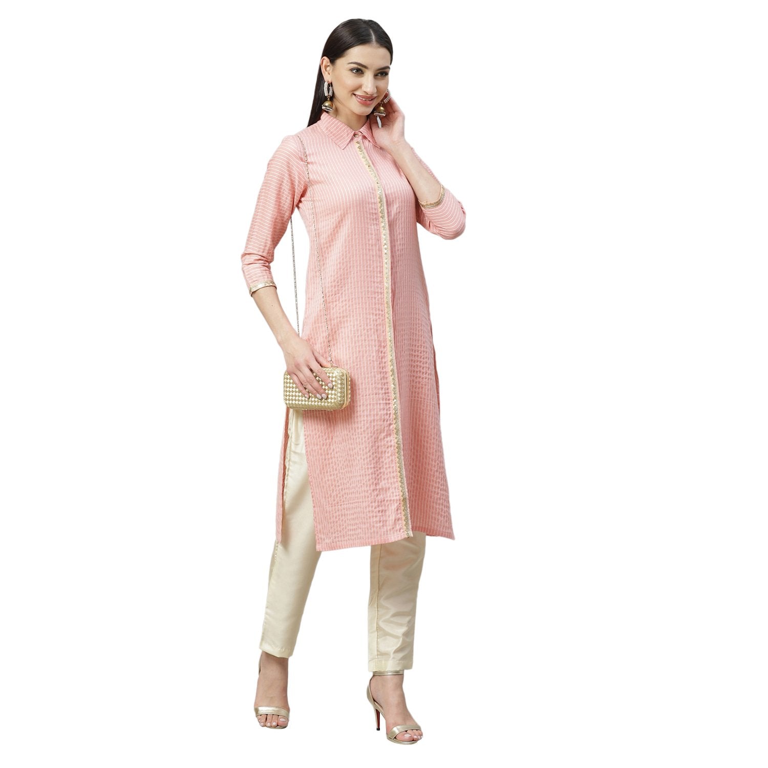 Women's Pink Cotton Check 3/4 Sleeve Shirt Collar Casual Kurta Only - Myshka