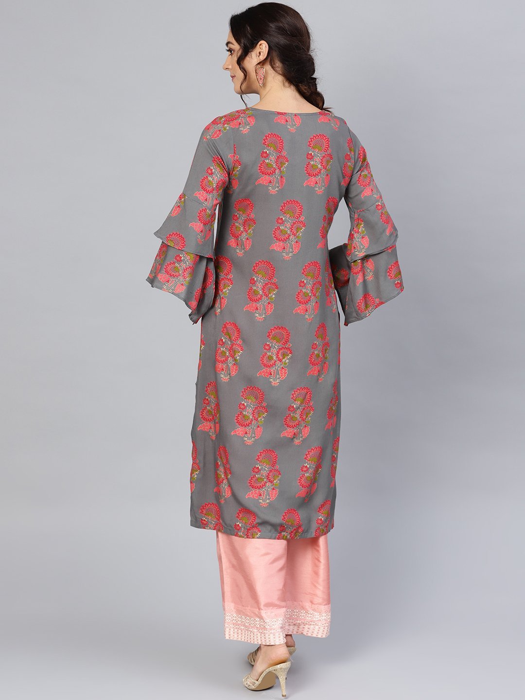 Women's Grey Rayon Printed 3/4 Sleeve Round Neck Dress - Myshka