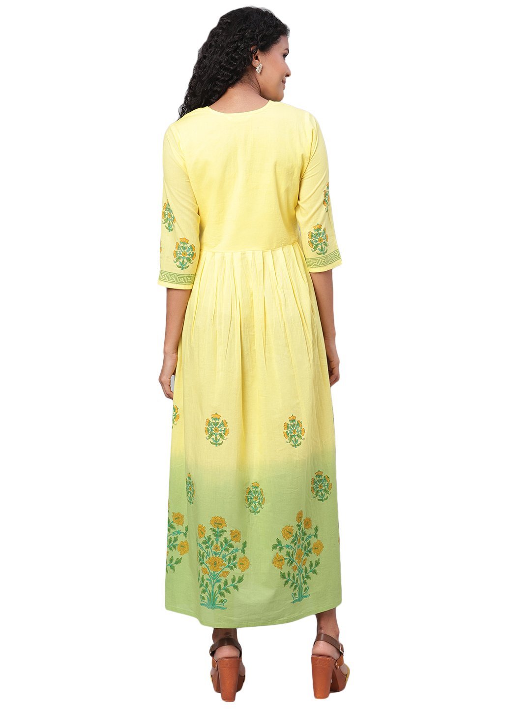 Women's Green Printed 3/4 Sleeve Cotton Round Neck Dress - Myshka