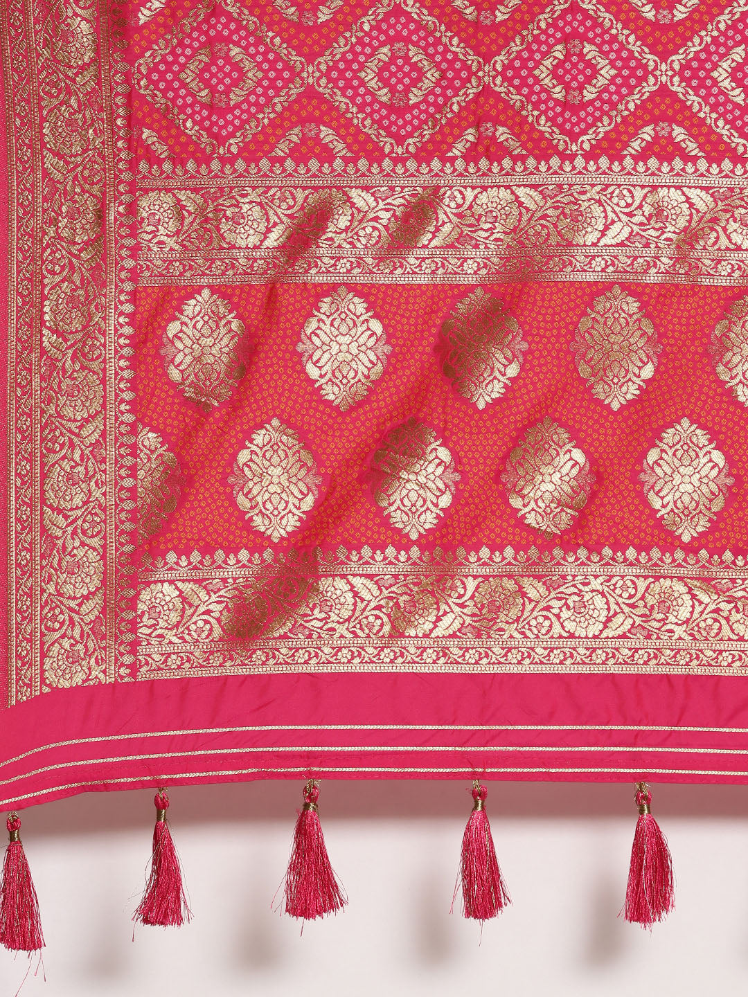 Women's Pink & Gold Satin Paisley Zari With Bandhni Banarasi Saree - Royal Dwells