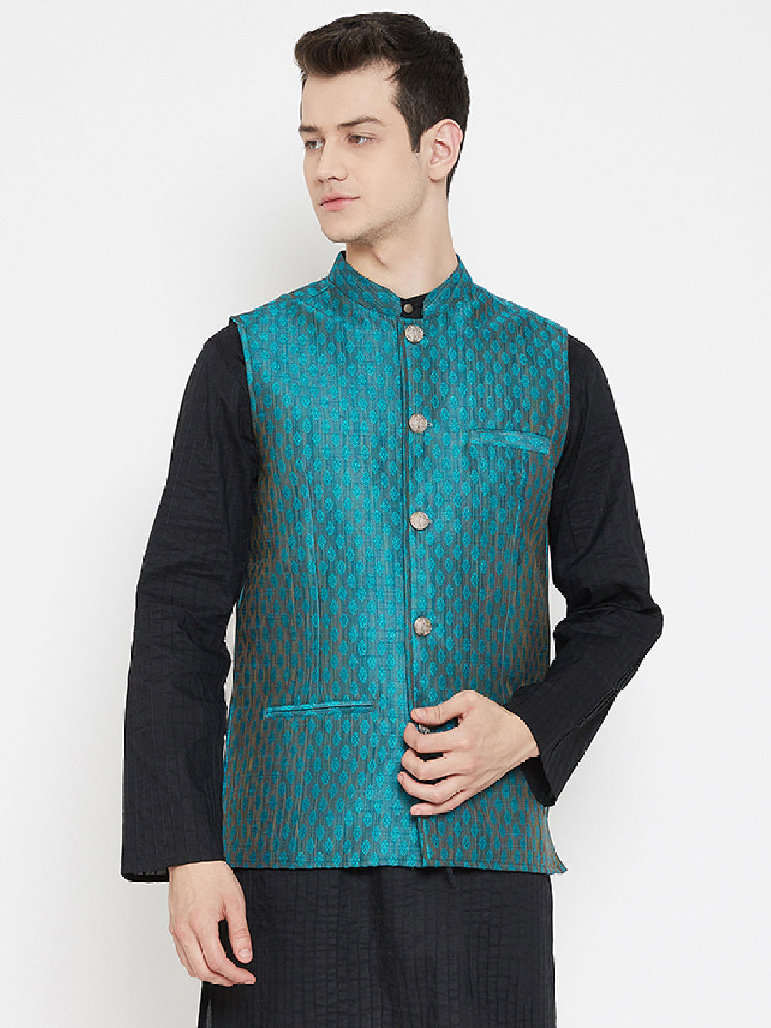 Men's Jacquard Blue Silk Nehru Jacket - Even Apparels