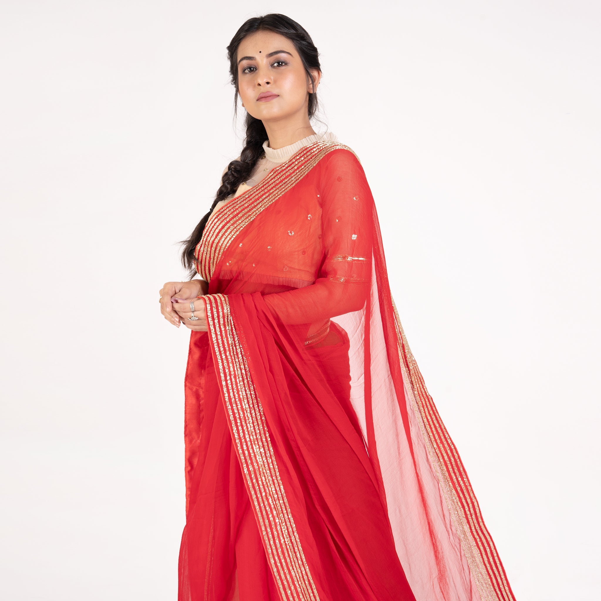 Women's Red Pure Chiffon Saree With Hand Embroidered Cut Dana Border - Boveee