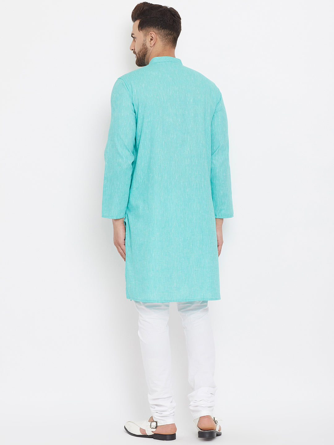 Men's Solid Turquoise Placket Detail Cotton Kurta