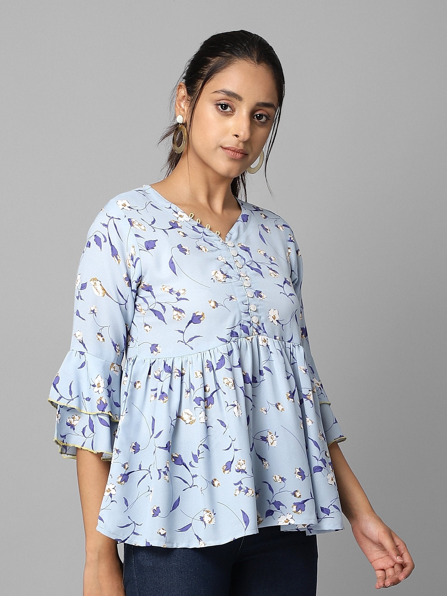 Women's Sky Blue Floral Printed Gathered Top - Azira