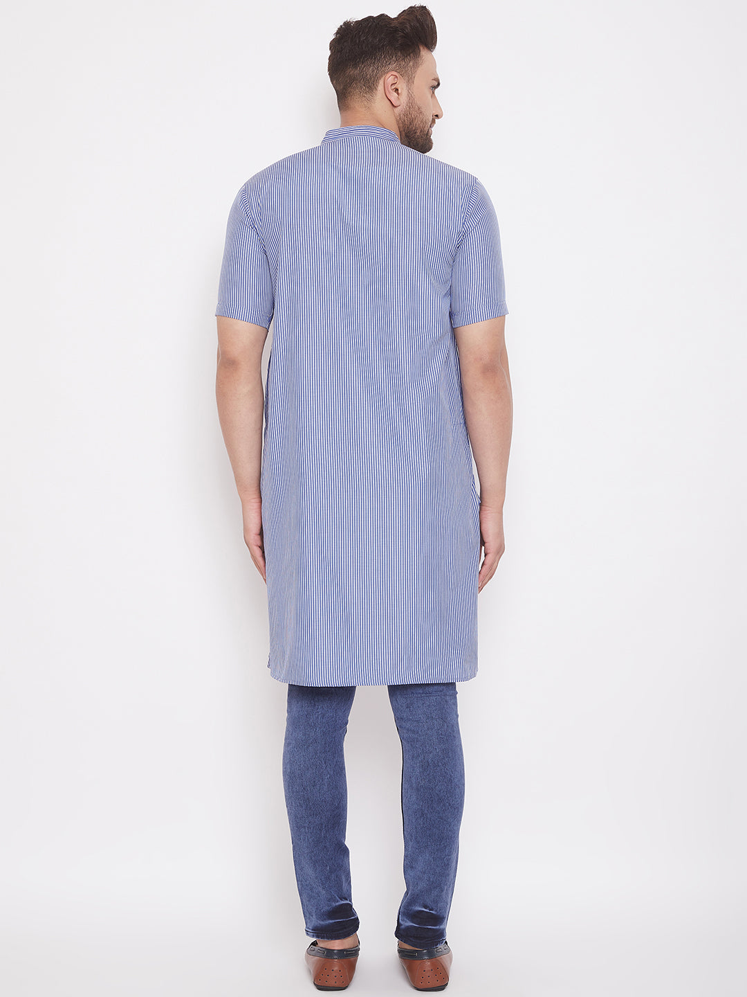 Men's Striped Blue Cotton Kurta