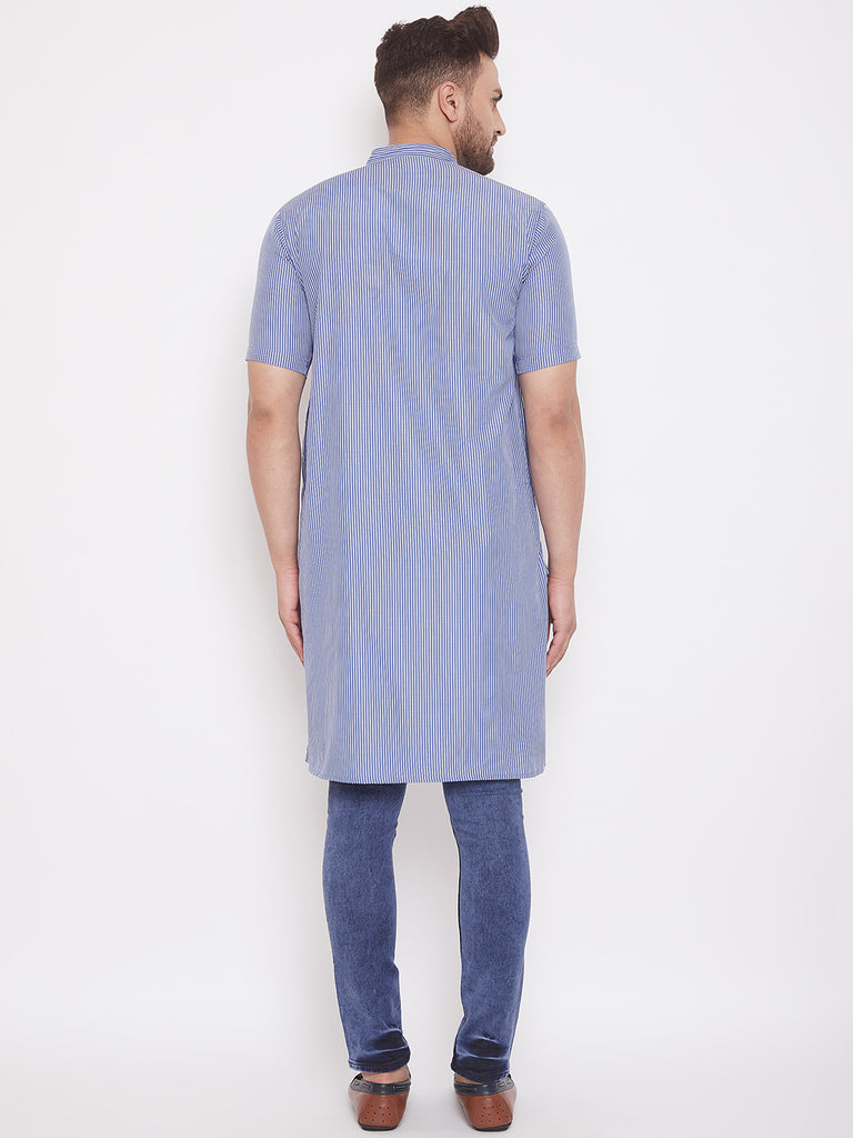 Men's Striped Blue Cotton Kurta