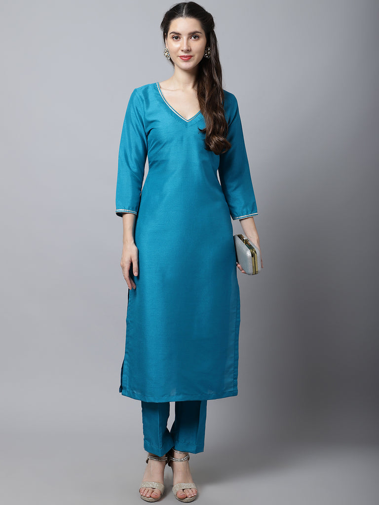 Women's Celeste Blue Silk Kurti With Straight Pants