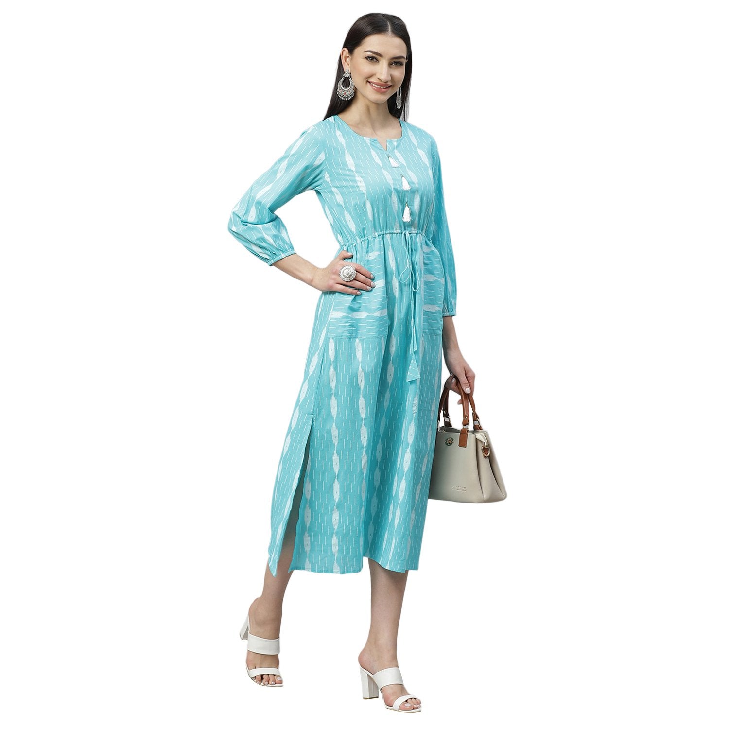 Women's Blue Cotton Printed 3/4 Sleeve Round Neck Casual Dress - Myshka