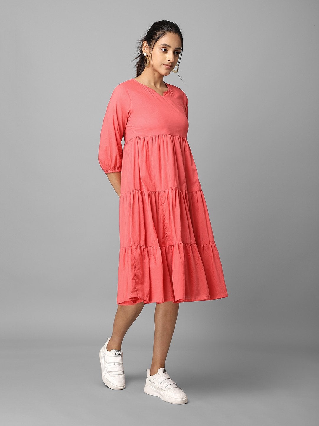 Women's Solid Pink Tiered A-Line Dress - Azira
