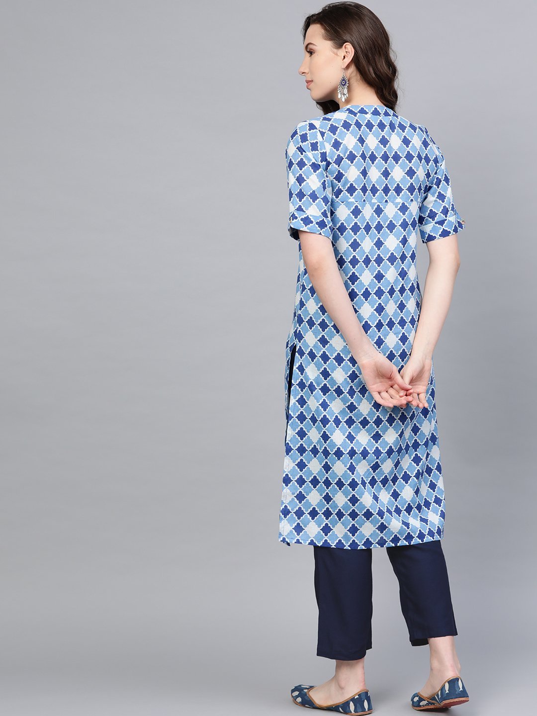 Women's Blue Cotton Solid Full Sleeve Round Neck Casual Kurta Pant Set - Myshka